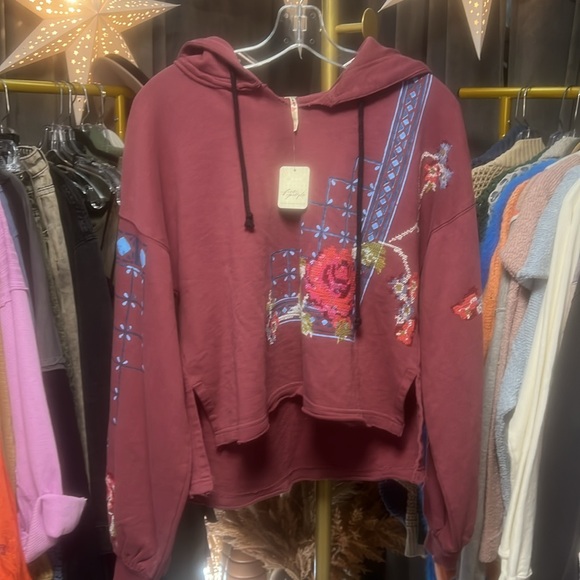 Free People Sweet Treat Embroidered Pullover Hoodie Sweatshirt in Burgundy Combo - Picture 7 of 8